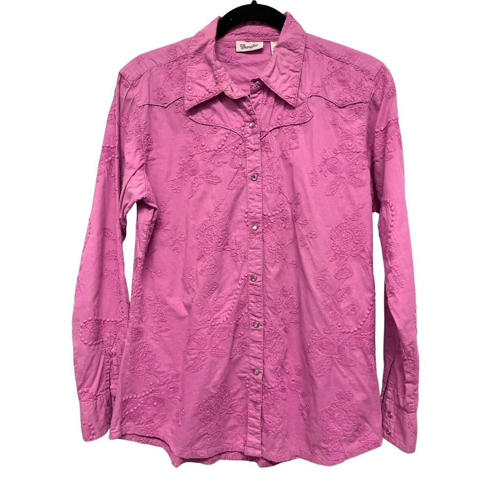 Wrangler Womens M Pink Embroidered Western Shirt Rhinestone Snap Floral Cowgirl